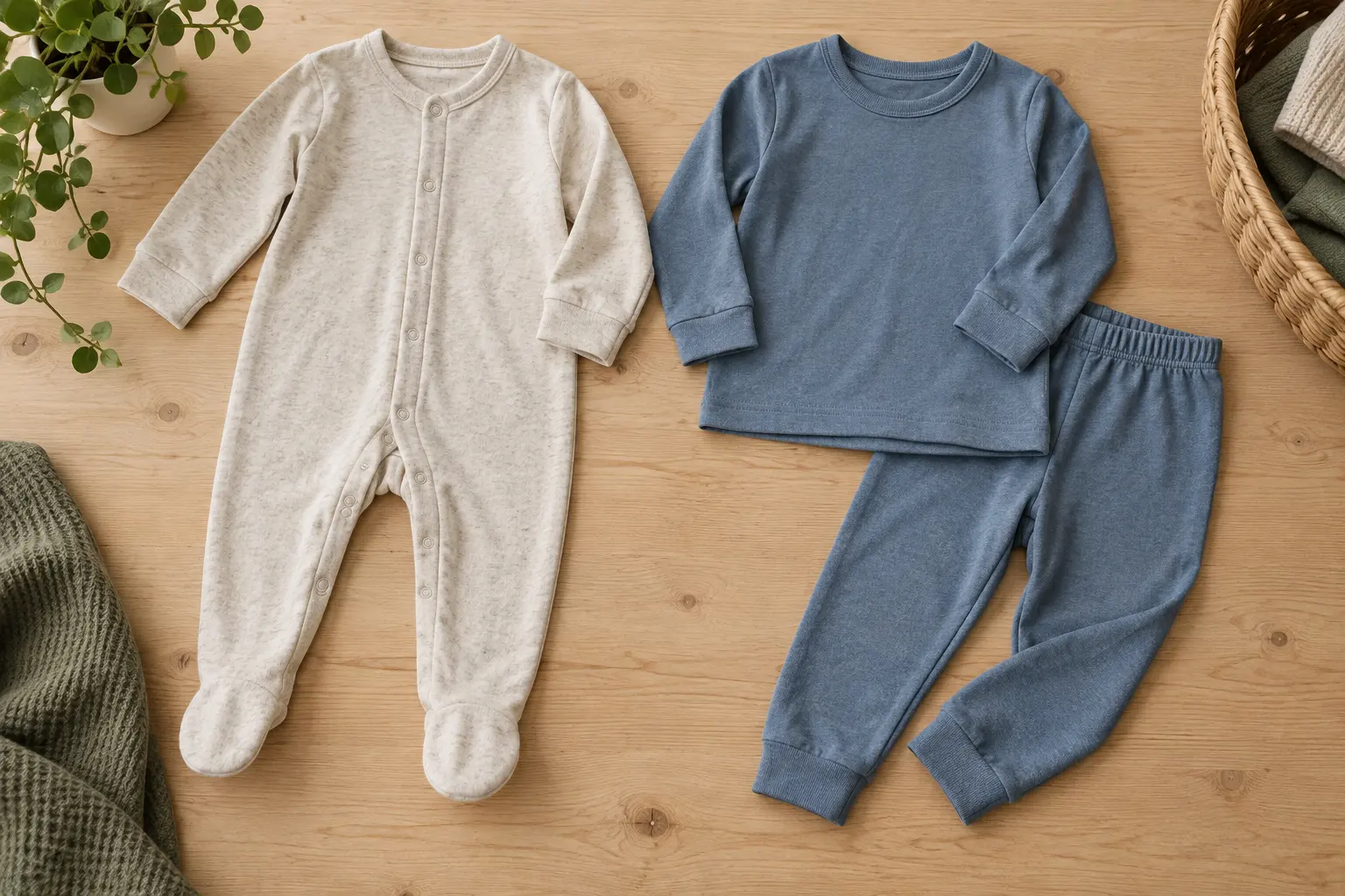 Hel pyjamas och tvådelad pyjamas på ett bord.