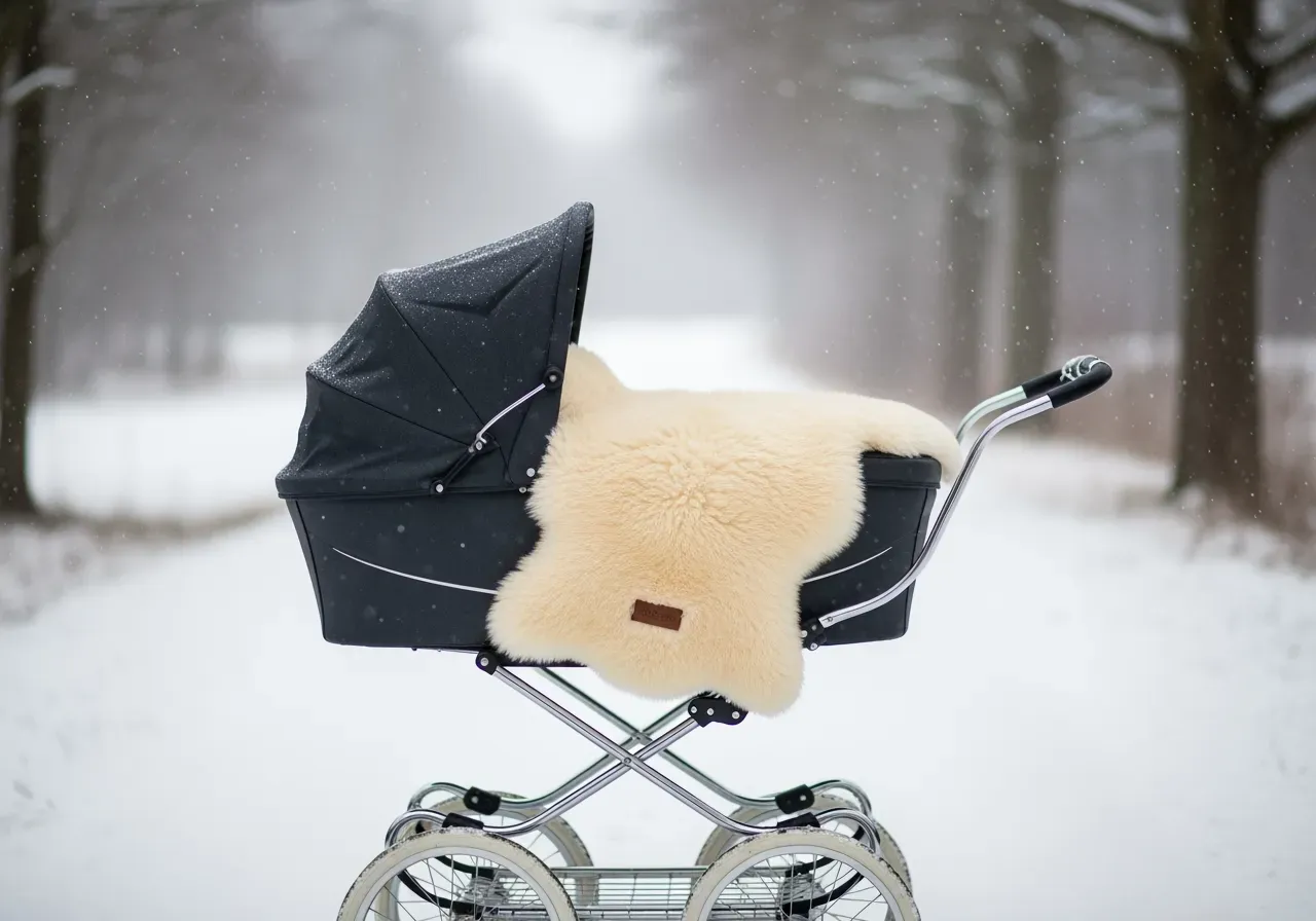 Fårskinnsåkpåse i barnvagn vinterdag