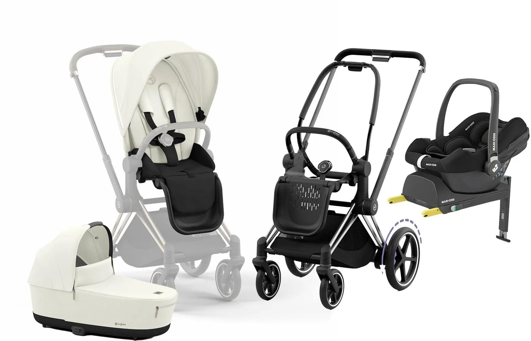 Cybex e-Priam Duovagn inkl. Maxi-Cosi CabrioFix &  Bas, Off White/Chrome Black