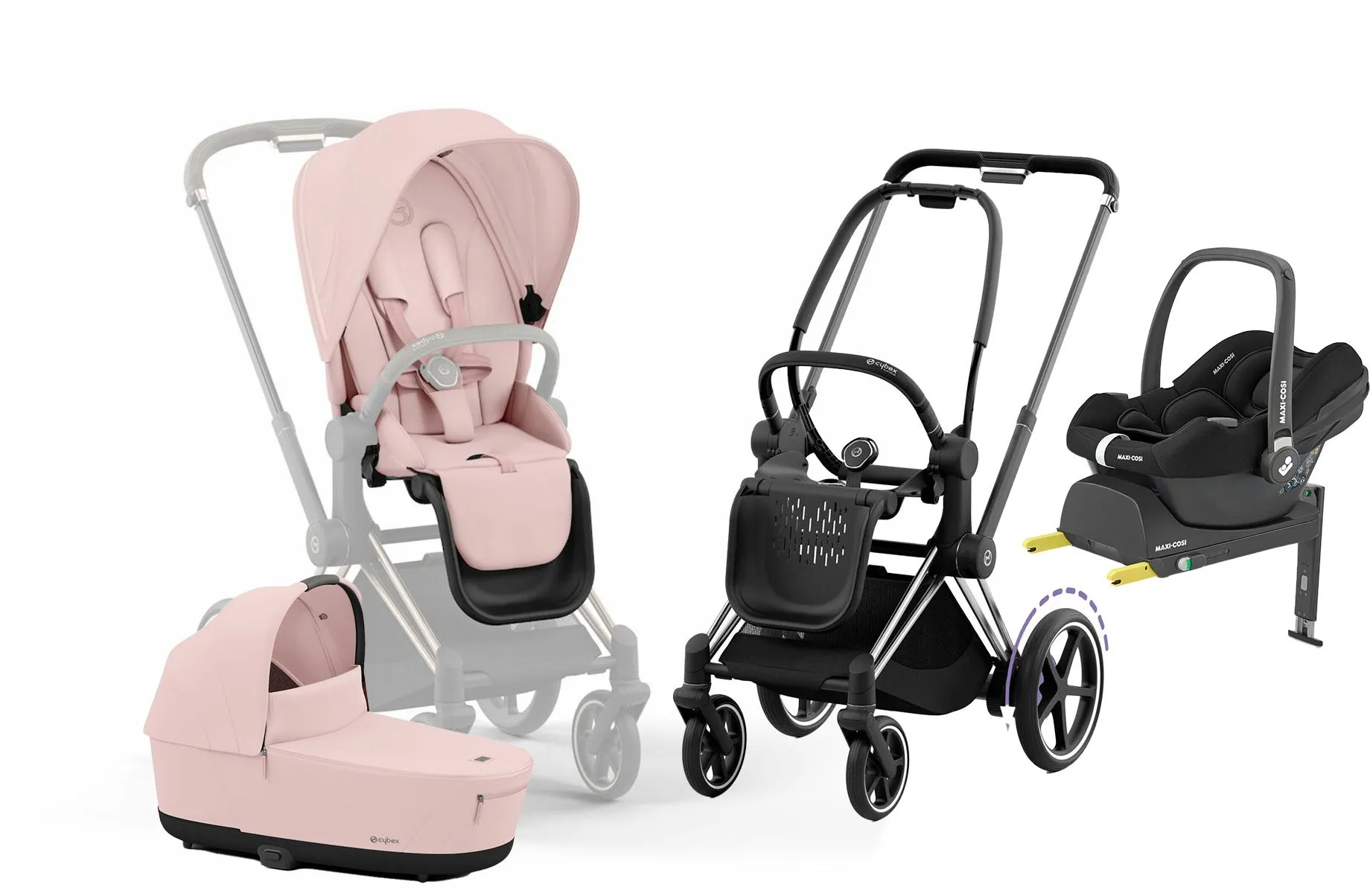 Cybex e-Priam Duovagn inkl. Maxi-Cosi CabrioFix &  Bas, Peach Pink/Chrome Black